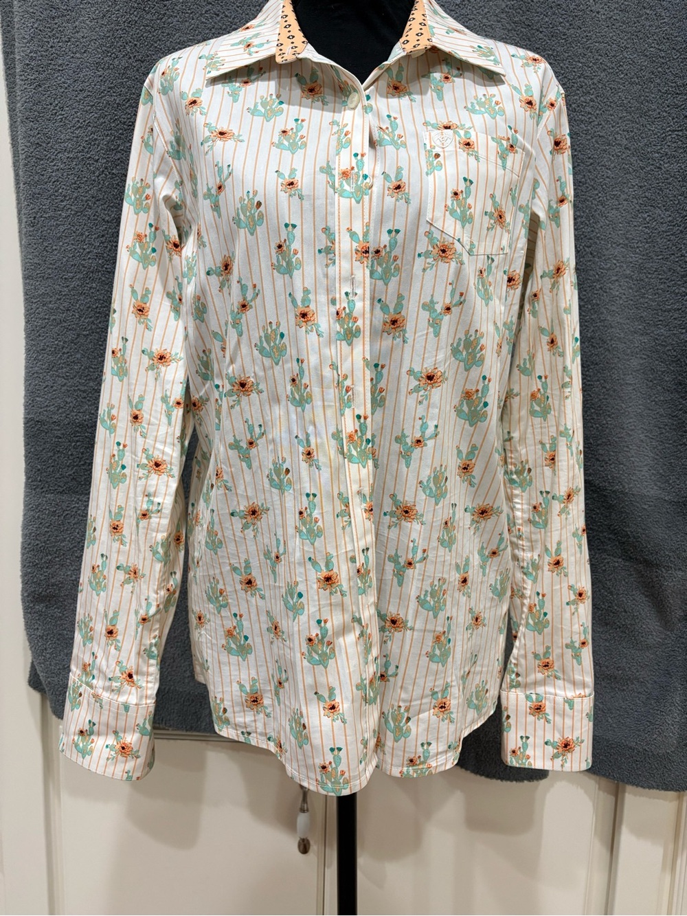 Ariat Cream Floral Stripe Button-Up with Mint Cactus Accents